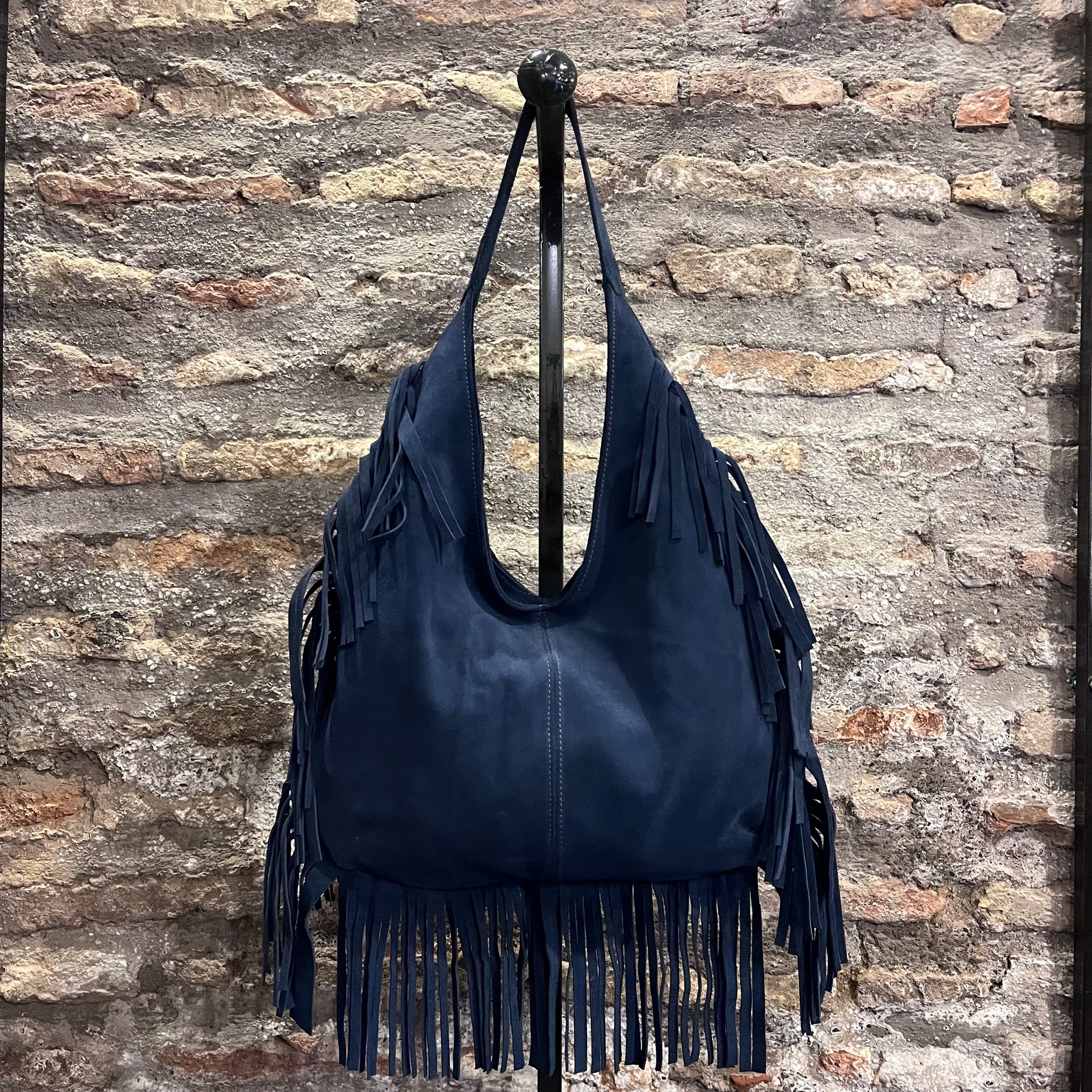 Suede Fringe Shoulder Bag (Midnight Blue)