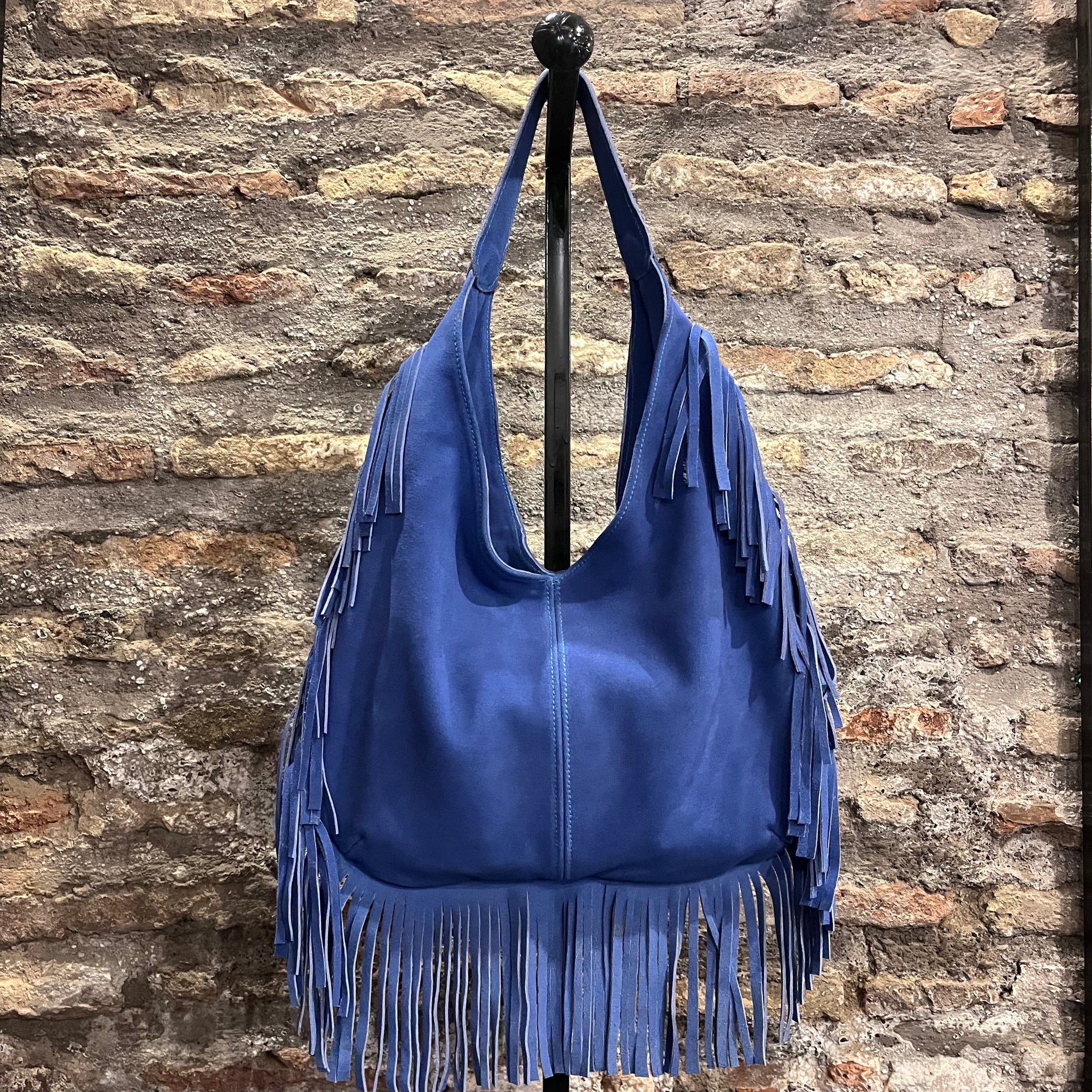 Suede Fringe Shoulder Bag (Light Blue)